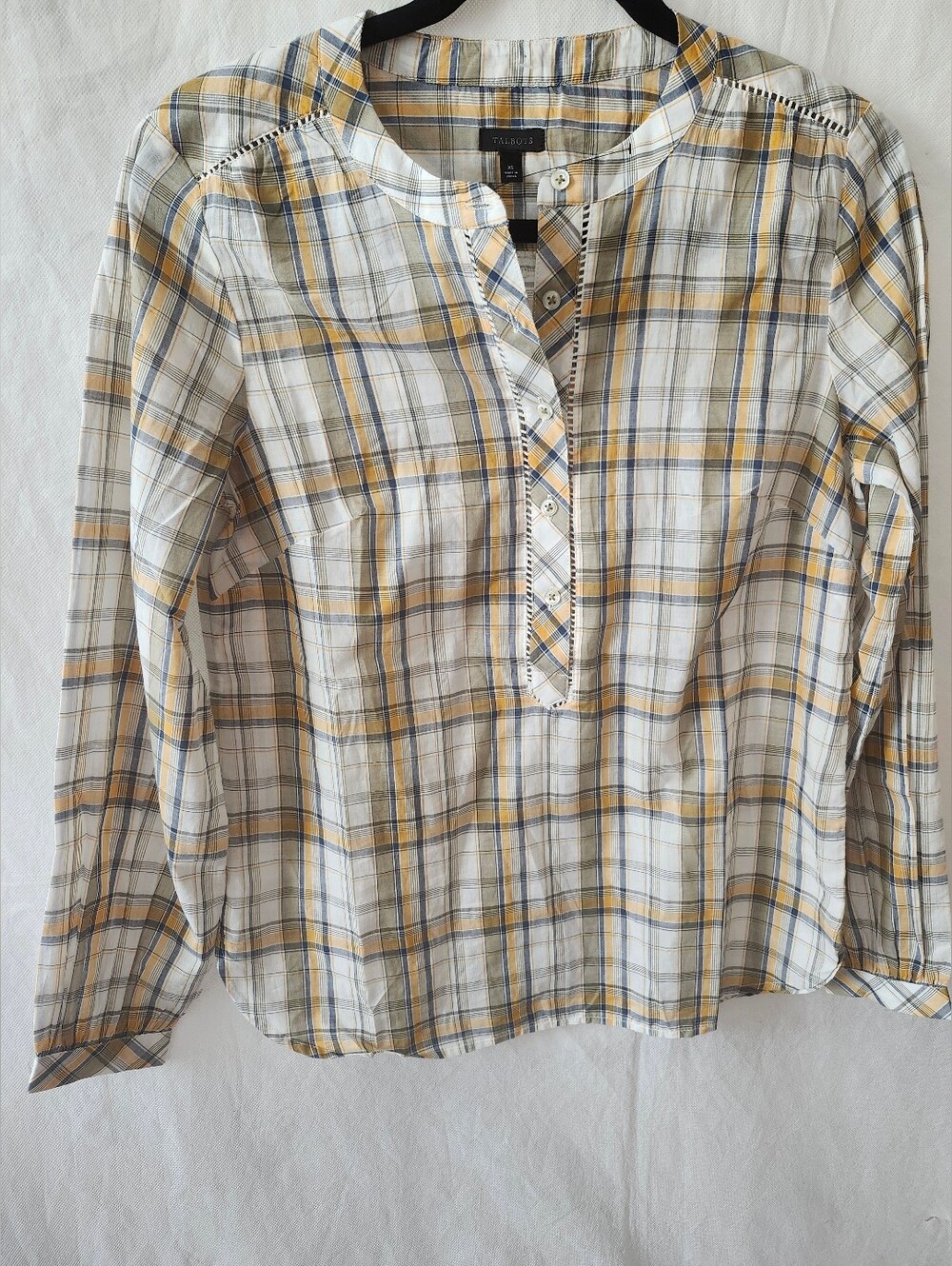 Talbots Band Collar Popver In Yellow And Blue Sunny Plaid Print Blouse Sz XS